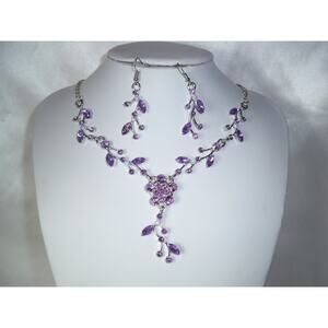 Purple rhinestone flower vine necklace set, prom Quinceanera party necklace